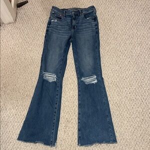 American Eagle Outfitters Dark Blue Distressed Flare Jeans